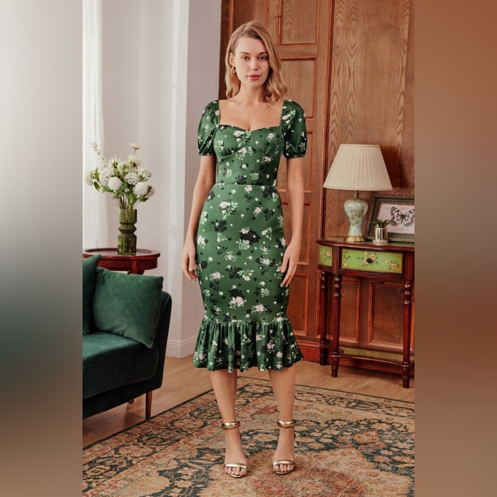 Elegant Green Floral Midi Dress